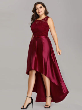 Color=Burgundy | Plus Size High Low Lace & Satin Party Dress-Burgundy 3