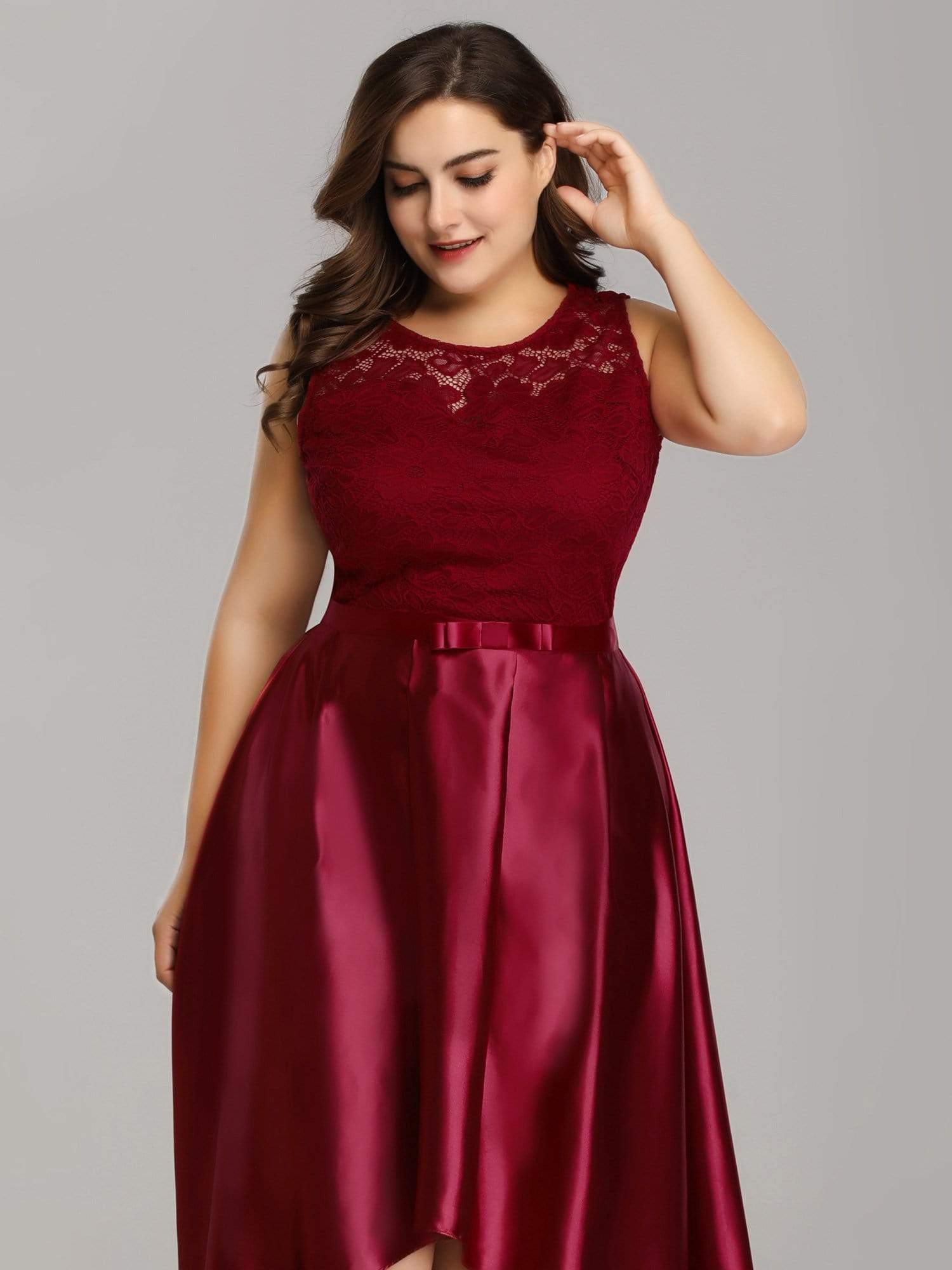 Color=Burgundy | Plus Size High Low Lace & Satin Party Dress-Burgundy 5