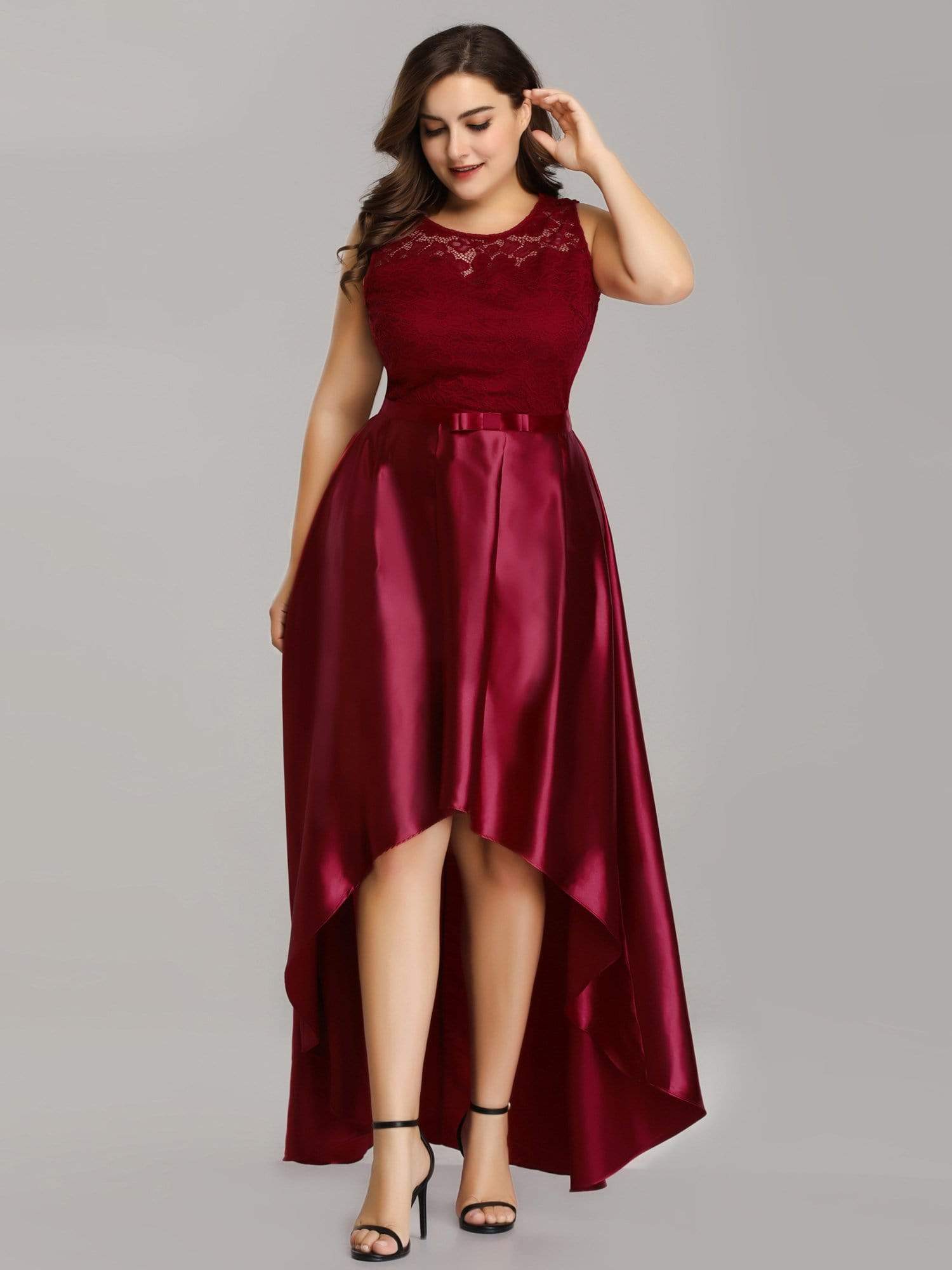 Color=Burgundy | Plus Size High Low Lace & Satin Party Dress-Burgundy 1