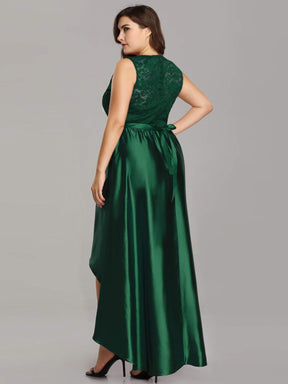 Color=Dark Green | Plus Size High Low Lace & Satin Party Dress-Dark Green 5