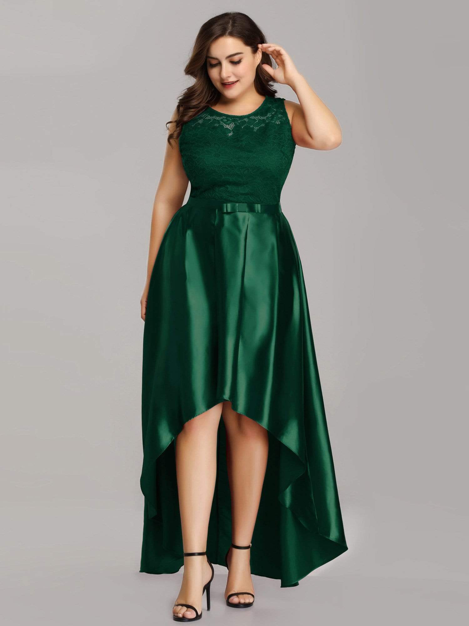 Color=Dark Green | Plus Size High Low Lace & Satin Party Dress-Dark Green 1