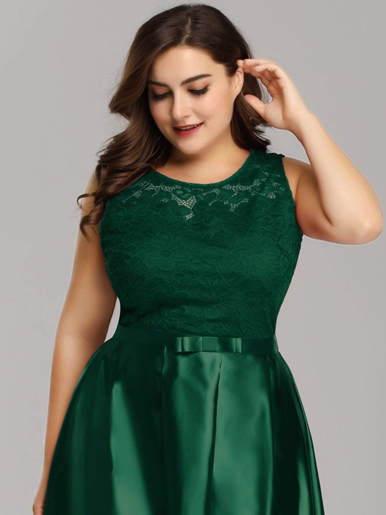 Color=Dark Green | Plus Size High Low Lace & Satin Party Dress-Dark Green 4