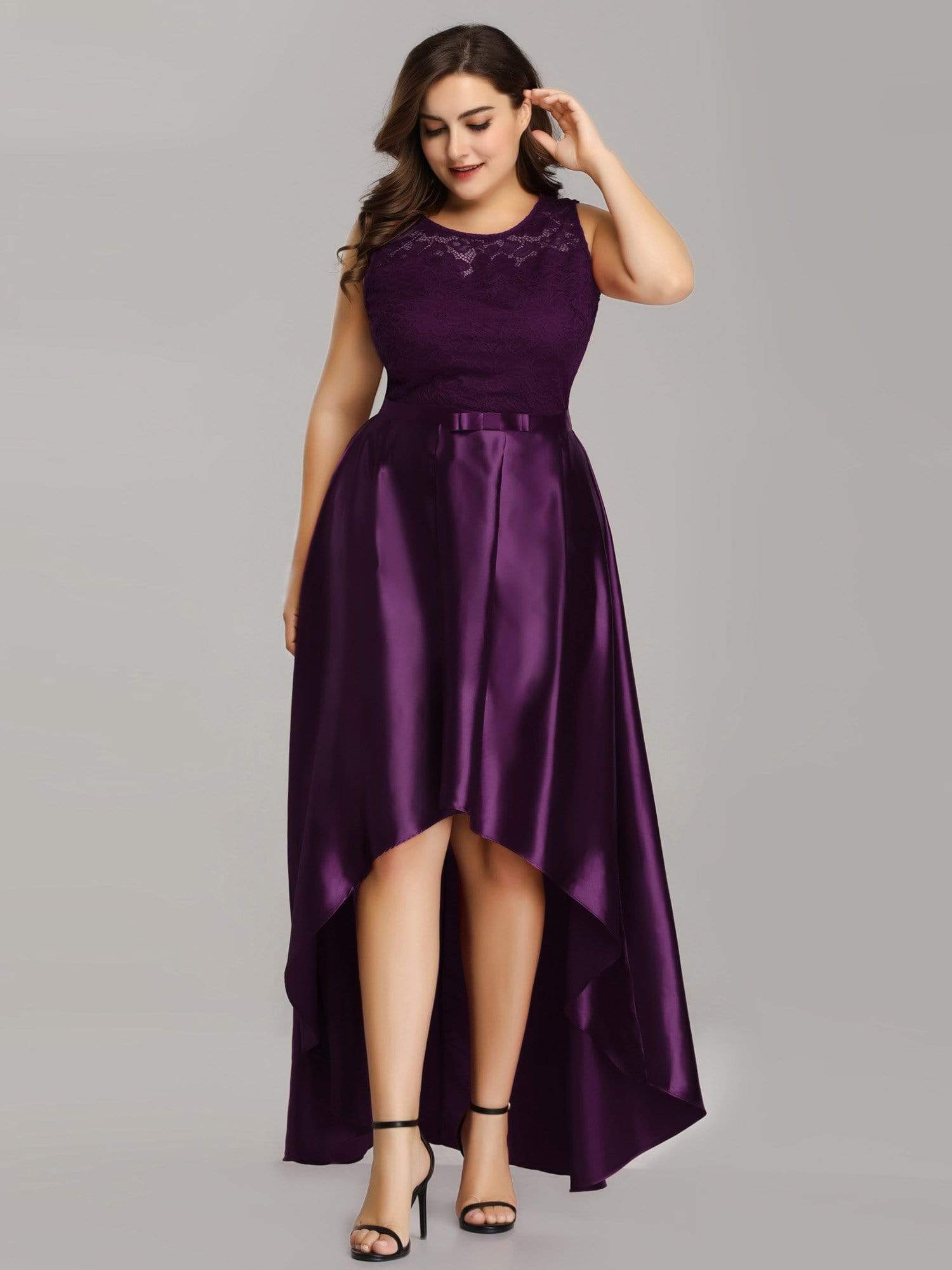 Color=Dark Purple | Plus Size High Low Lace & Satin Party Dress-Dark Purple 1