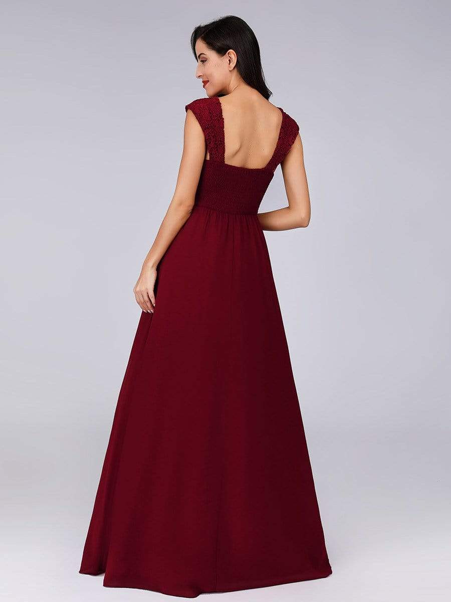 COLOR=Burgundy | Elegant A Line Long Chiffon Bridesmaid Dress With Lace Bodice-Burgundy 2