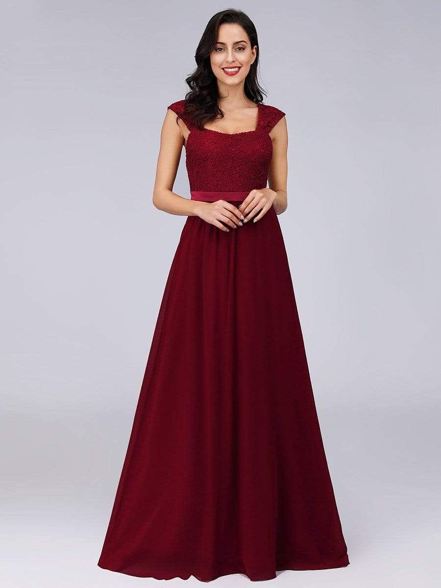 COLOR=Burgundy | Elegant A Line Long Chiffon Bridesmaid Dress With Lace Bodice-Burgundy 1