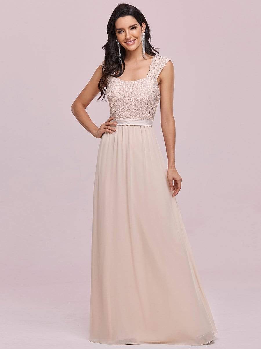 COLOR=Blush | Elegant A Line Long Chiffon Bridesmaid Dress With Lace Bodice-Blush 4