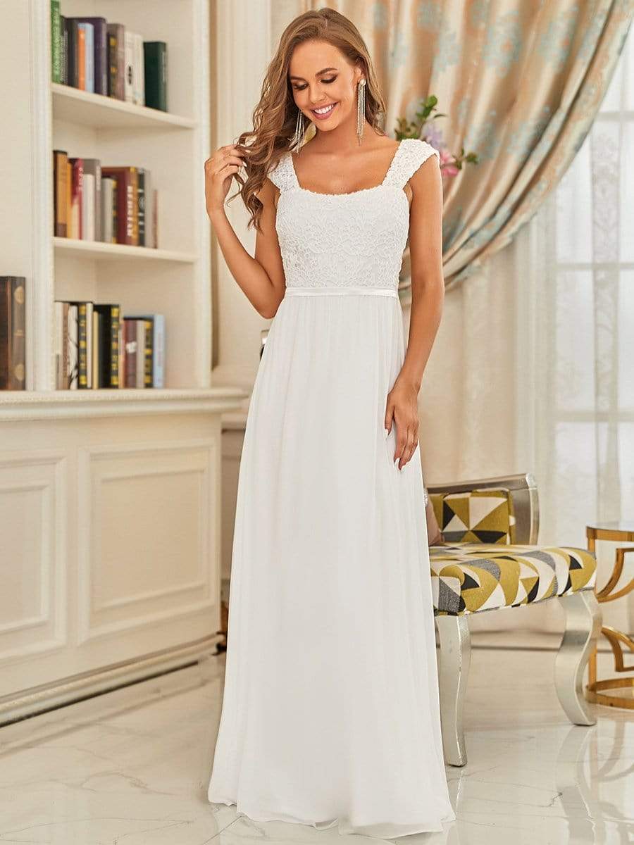 COLOR=Cream | Elegant A Line Long Chiffon Bridesmaid Dress With Lace Bodice-Cream 1