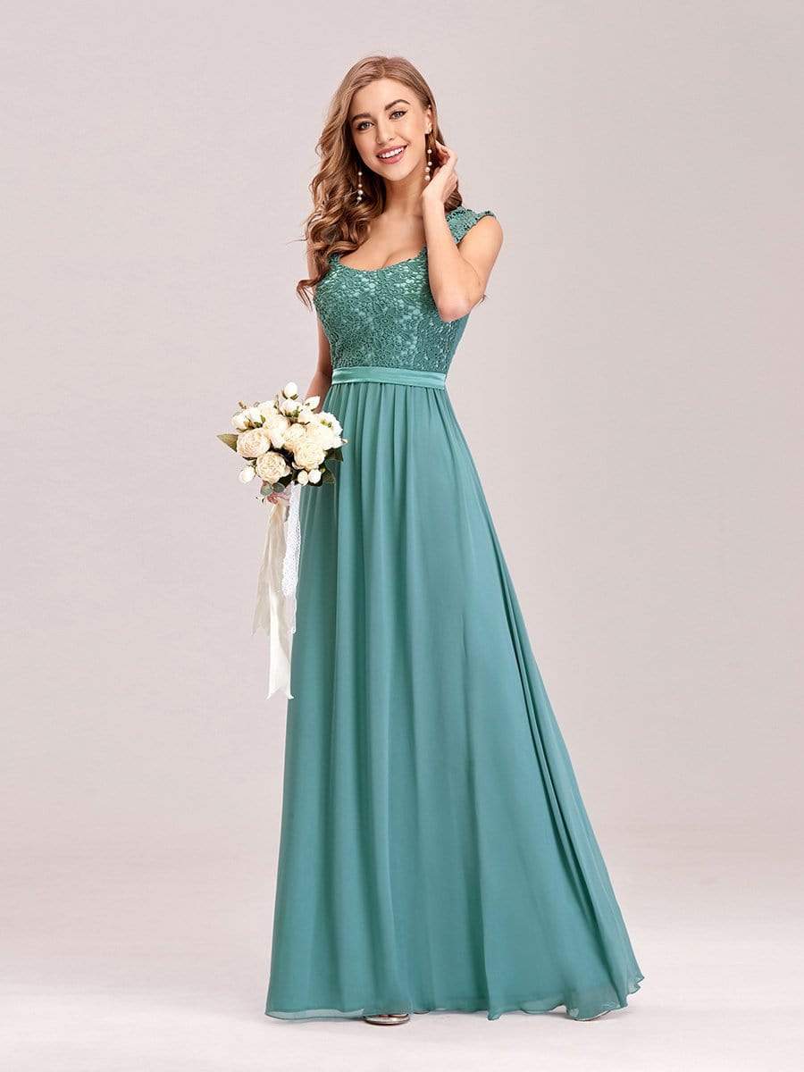 COLOR=Dusty Blue | Elegant A Line Long Chiffon Bridesmaid Dress With Lace Bodice-Dusty Blue 5