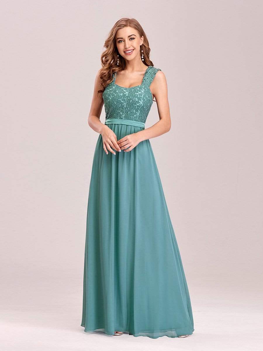 COLOR=Dusty Blue | Elegant A Line Long Chiffon Bridesmaid Dress With Lace Bodice-Dusty Blue 1