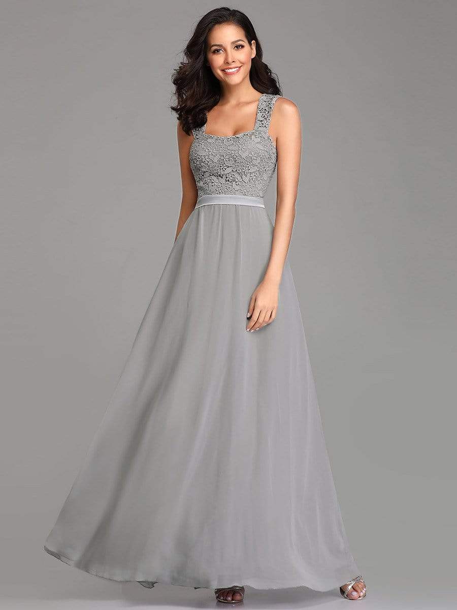 COLOR=Grey | Elegant A Line Long Chiffon Bridesmaid Dress With Lace Bodice-Grey 4