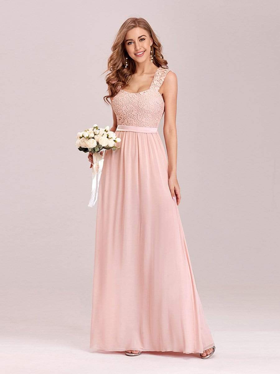 COLOR=Pink | Elegant A Line Long Chiffon Bridesmaid Dress With Lace Bodice-Pink 5