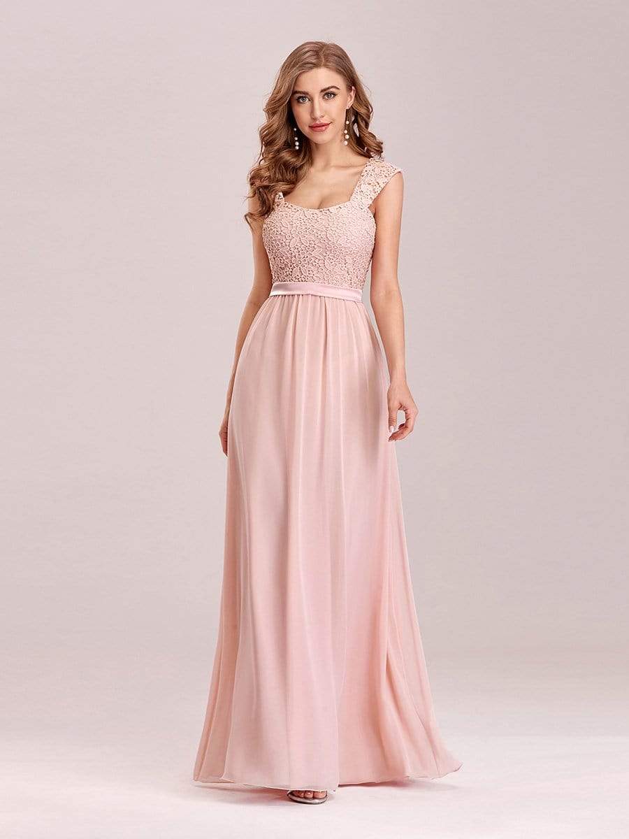 COLOR=Pink | Elegant A Line Long Chiffon Bridesmaid Dress With Lace Bodice-Pink 2