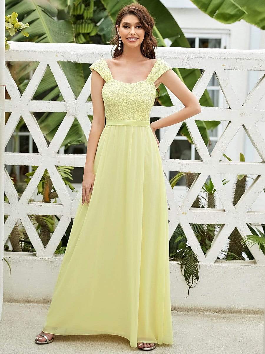 COLOR=Yellow | Elegant A Line Long Chiffon Bridesmaid Dress With Lace Bodice-Yellow 1
