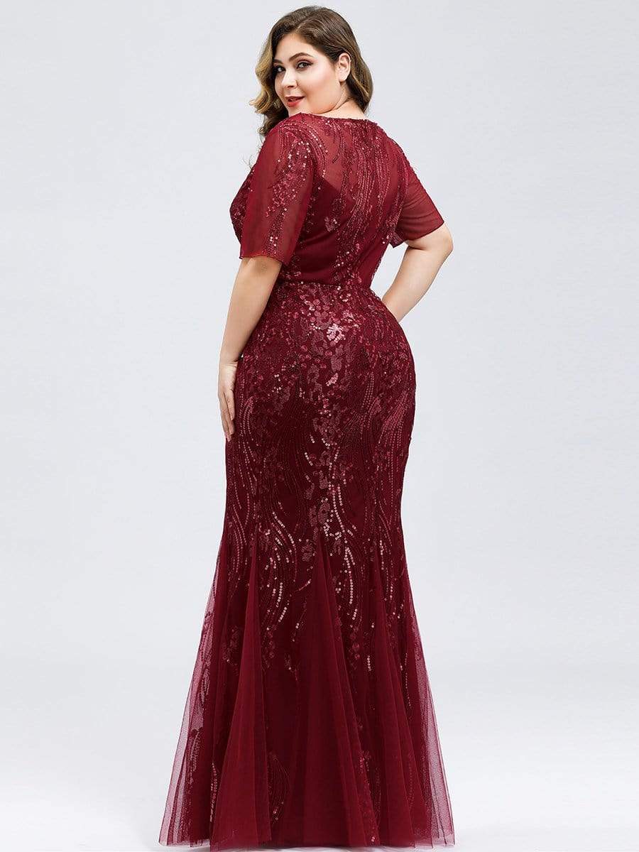 Color=Burgundy | Delicate Embroidery Sequin Fishtail Evening Dress-Burgundy 17