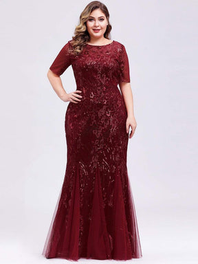 Color=Burgundy | Delicate Embroidery Sequin Fishtail Evening Dress-Burgundy 4