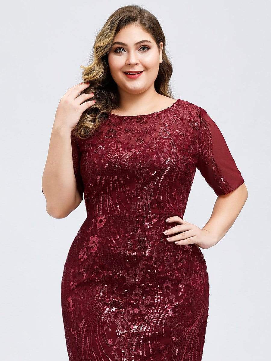 Color=Burgundy | Delicate Embroidery Sequin Fishtail Evening Dress-Burgundy 5