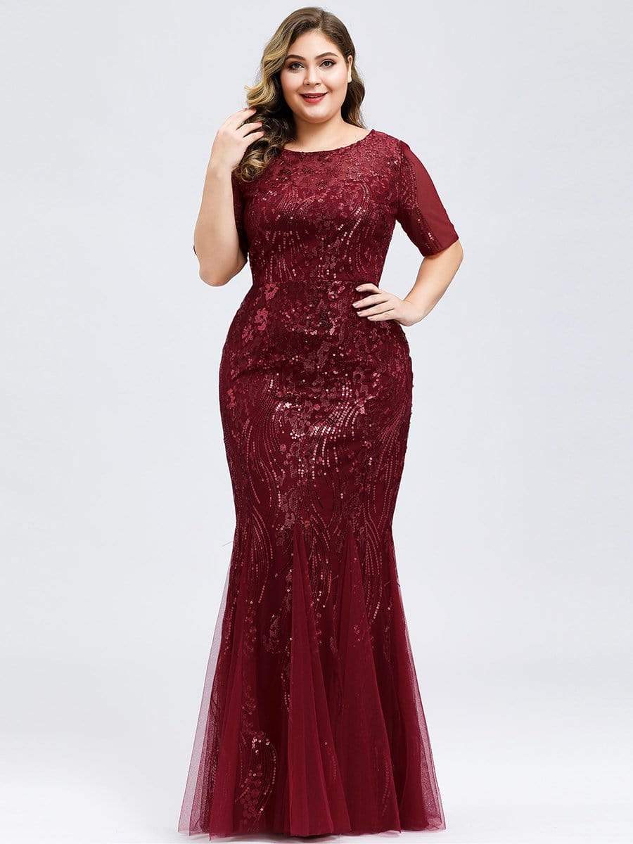 Color=Burgundy | Delicate Embroidery Sequin Fishtail Evening Dress-Burgundy 16