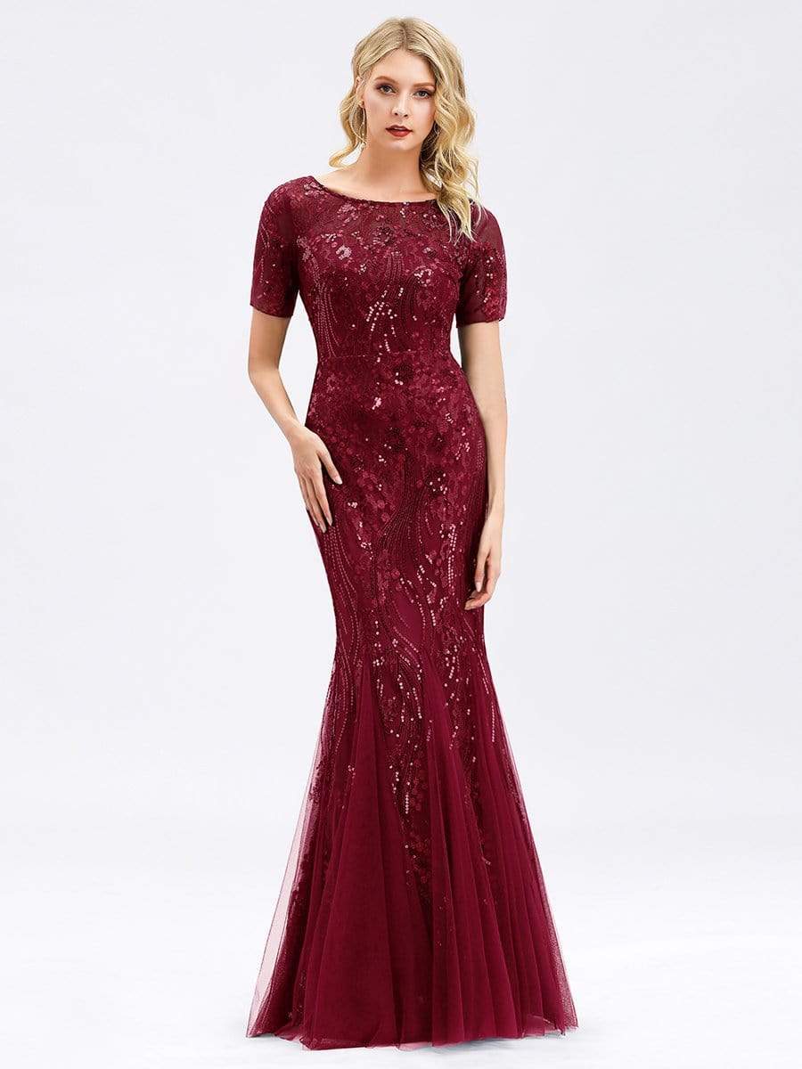 Color=Burgundy | Delicate Embroidery Sequin Fishtail Evening Dress-Burgundy 11