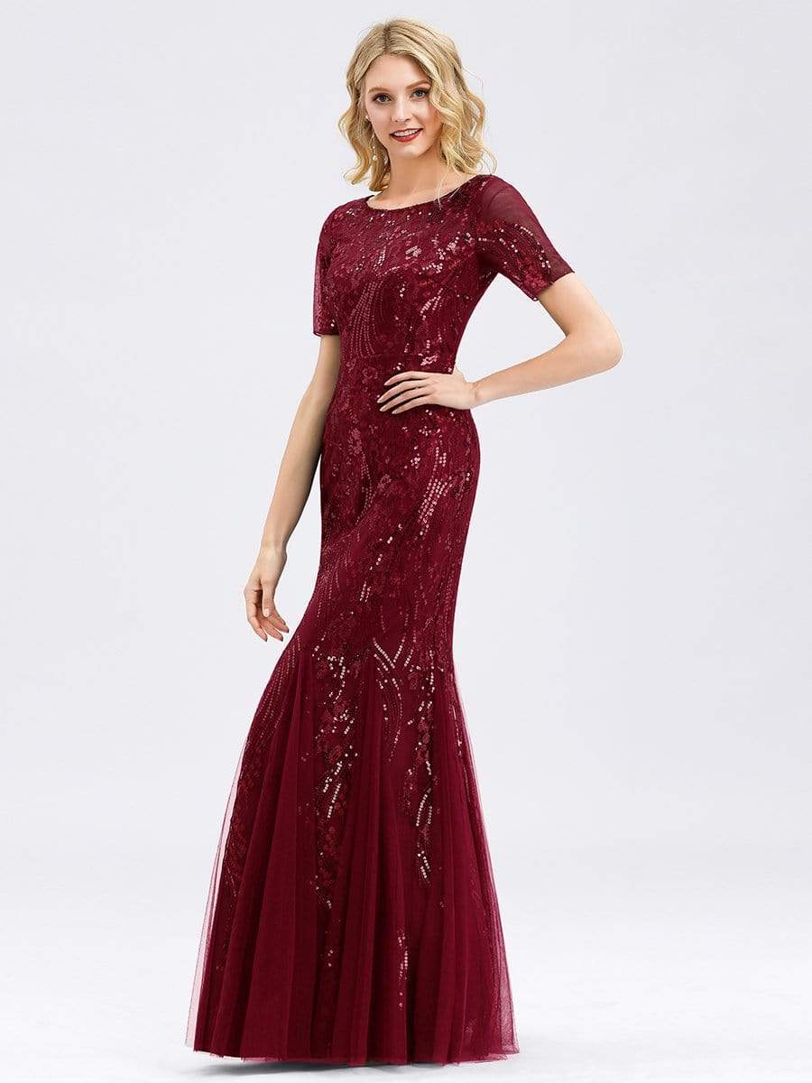 Color=Burgundy | Delicate Embroidery Sequin Fishtail Evening Dress-Burgundy 12