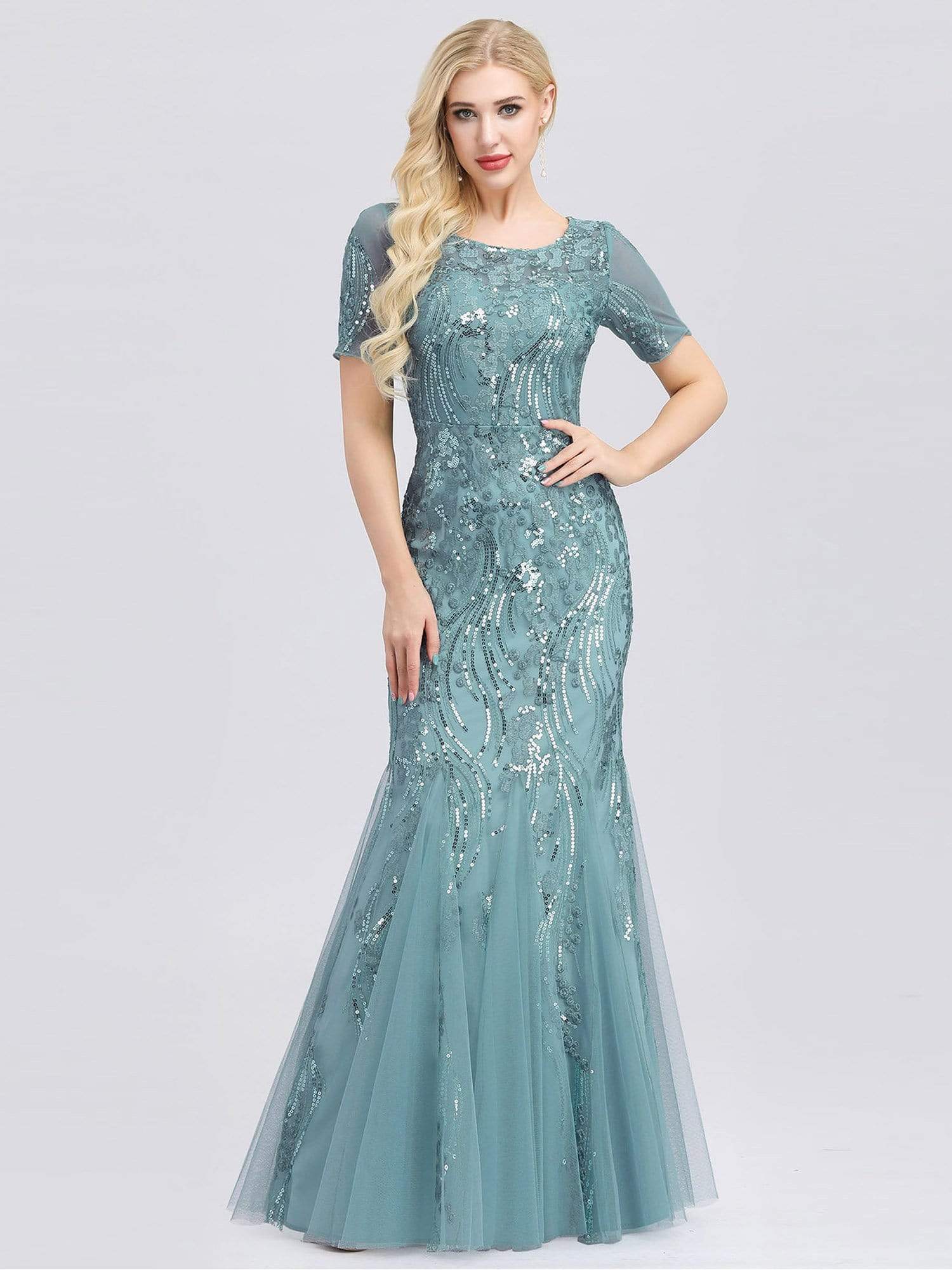 Color=Dusty Blue | Delicate Embroidery Sequin Fishtail Evening Dress-Dusty Blue 1