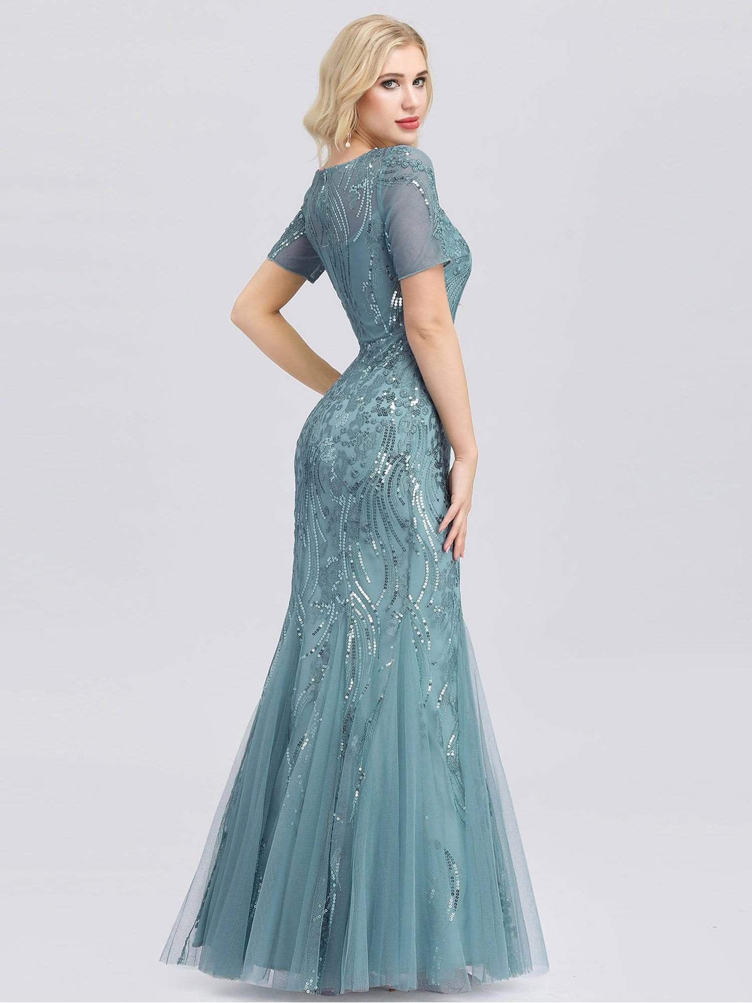 Color=Dusty Blue | Delicate Embroidery Sequin Fishtail Evening Dress-Dusty Blue 2