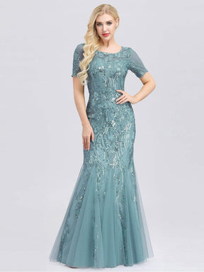 Color=Dusty Blue | Delicate Embroidery Sequin Fishtail Evening Dress-Dusty Blue 1