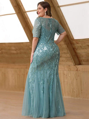 Color=Dusty Blue | Delicate Embroidery Sequin Fishtail Evening Dress-Dusty Blue 2