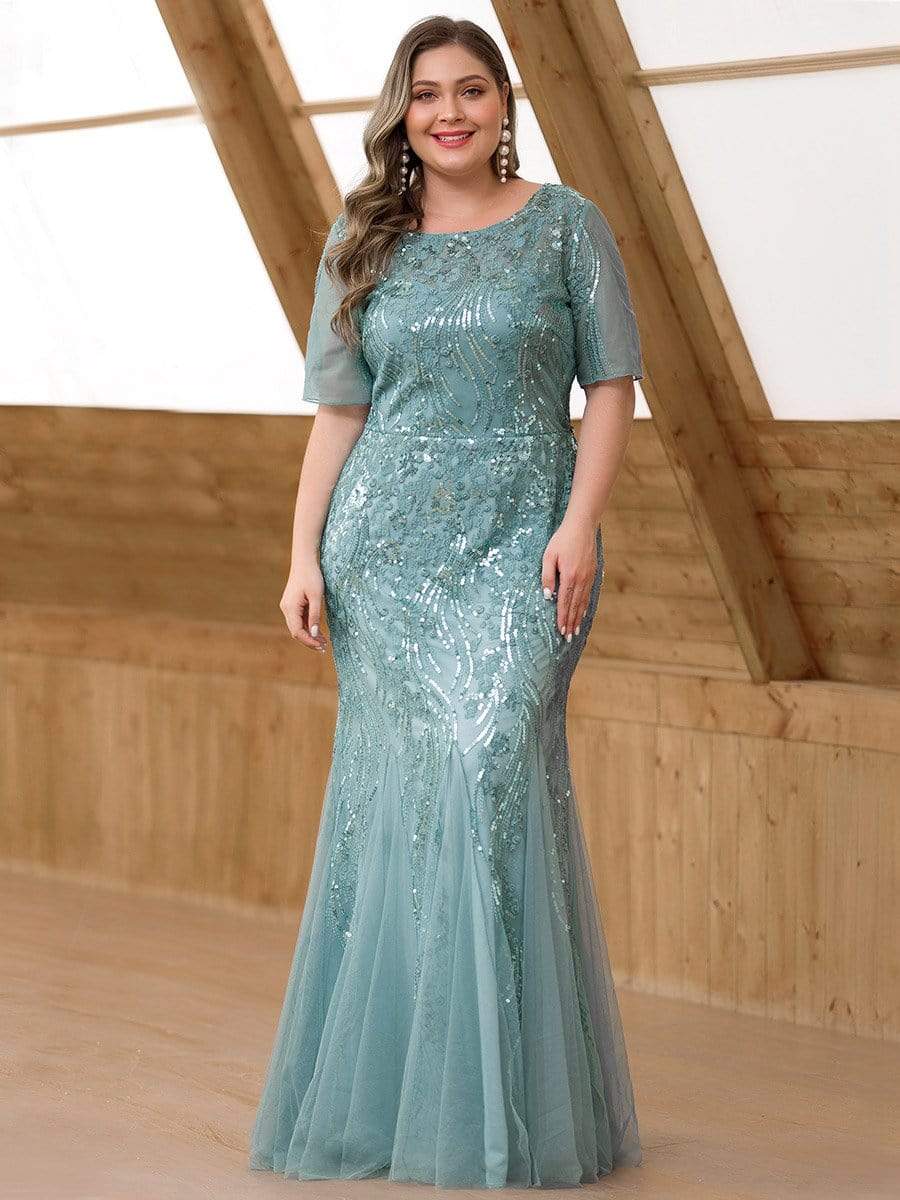 Color=Dusty Blue | Delicate Embroidery Sequin Fishtail Evening Dress-Dusty Blue 1