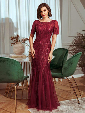 Color=Burgundy | Delicate Embroidery Sequin Fishtail Evening Dress-Burgundy 1