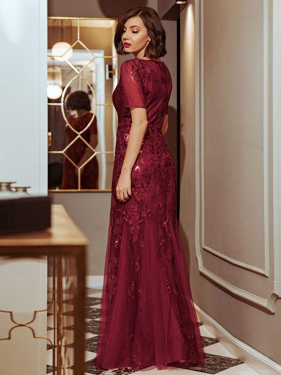 Color=Burgundy | Delicate Embroidery Sequin Fishtail Evening Dress-Burgundy 2