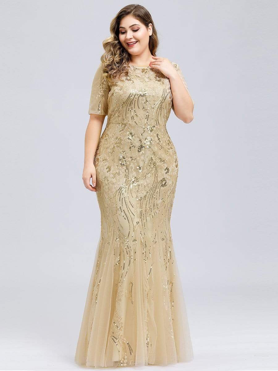 Color=Gold | Delicate Embroidery Sequin Fishtail Evening Dress-Gold 4