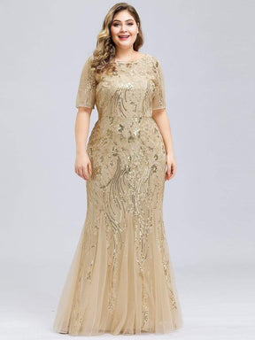 Color=Gold | Delicate Embroidery Sequin Fishtail Evening Dress-Gold 1