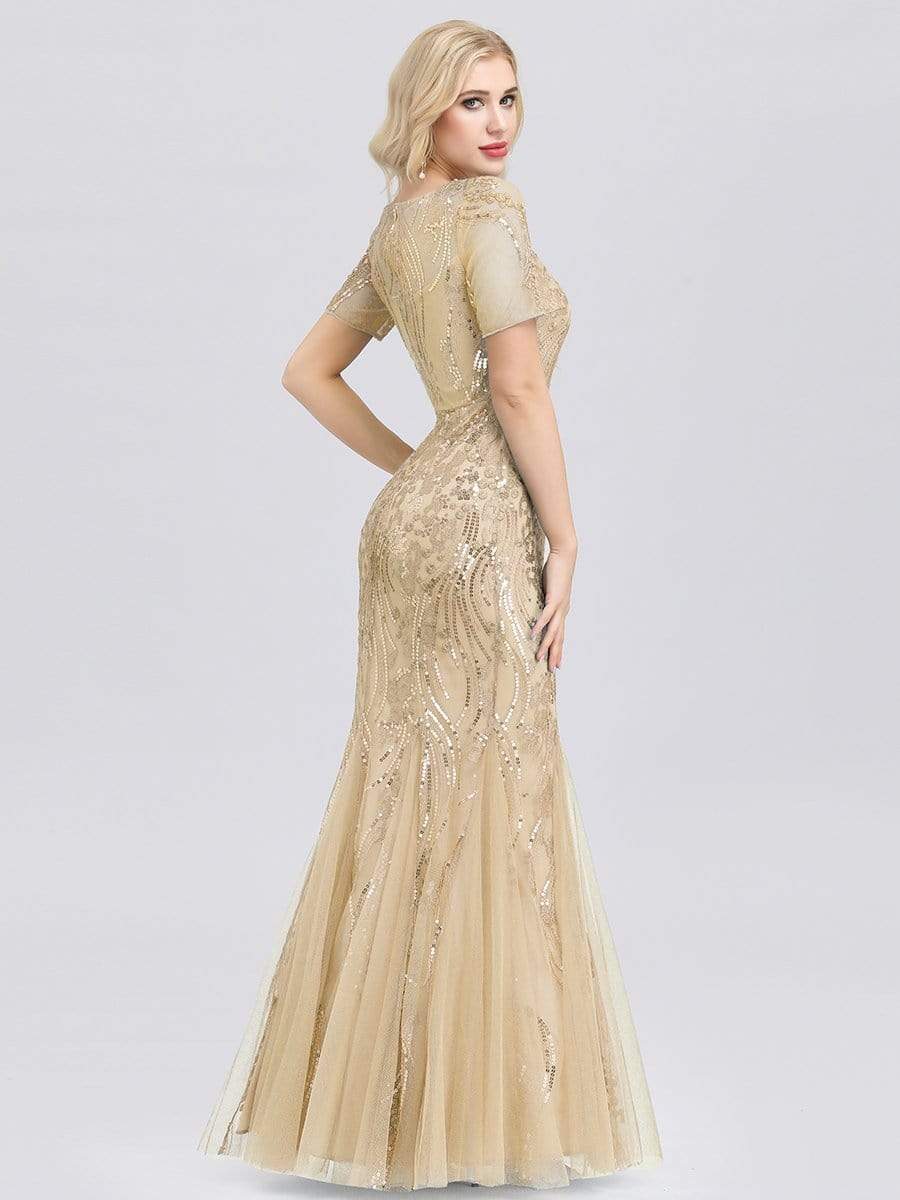 Color=Gold | Delicate Embroidery Sequin Fishtail Evening Dress-Gold 2