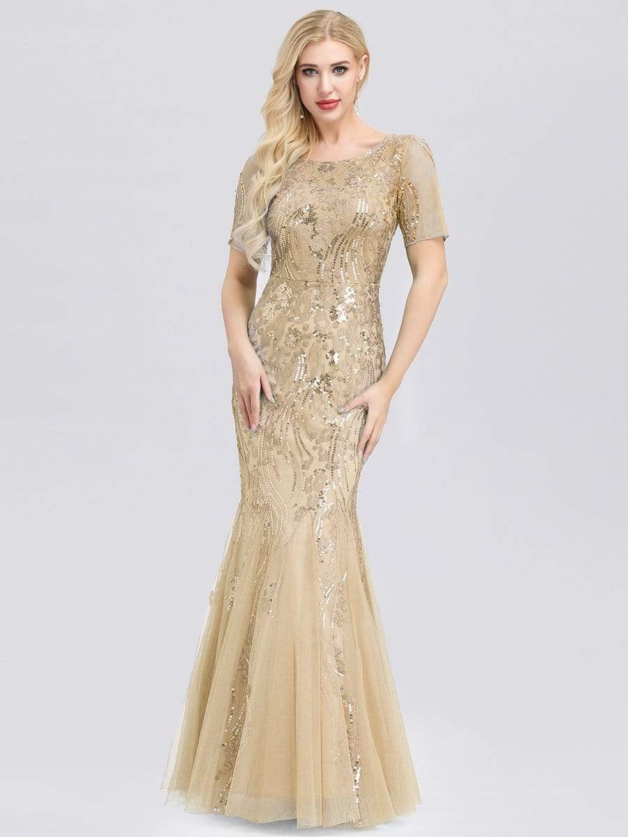 Color=Gold | Delicate Embroidery Sequin Fishtail Evening Dress-Gold 1