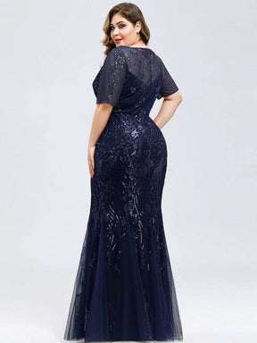 Color=Navy Blue | Delicate Embroidery Sequin Fishtail Evening Dress-Navy Blue 2
