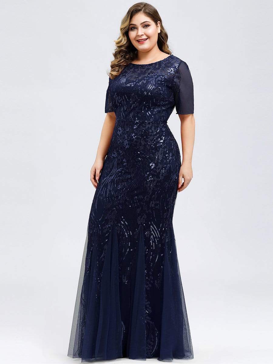 Color=Navy Blue | Delicate Embroidery Sequin Fishtail Evening Dress-Navy Blue 3