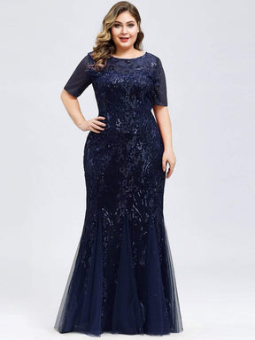 Color=Navy Blue | Delicate Embroidery Sequin Fishtail Evening Dress-Navy Blue 4