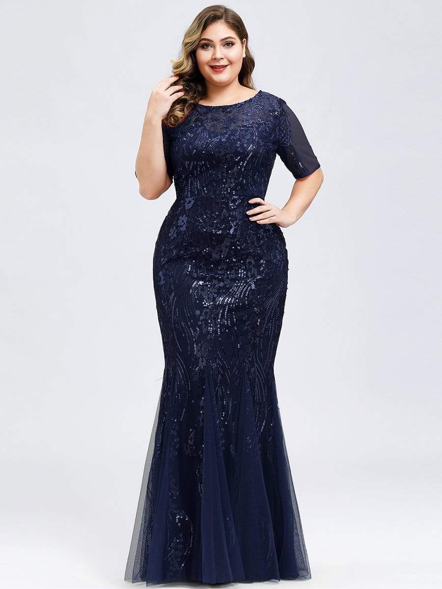 Color=Navy Blue | Delicate Embroidery Sequin Fishtail Evening Dress-Navy Blue 6