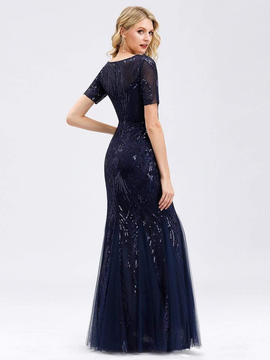 Color=Navy Blue | Delicate Embroidery Sequin Fishtail Evening Dress-Navy Blue 2