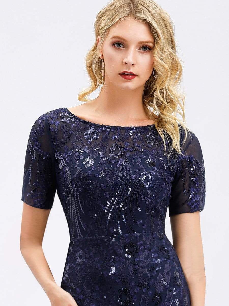 Color=Navy Blue | Delicate Embroidery Sequin Fishtail Evening Dress-Navy Blue 5