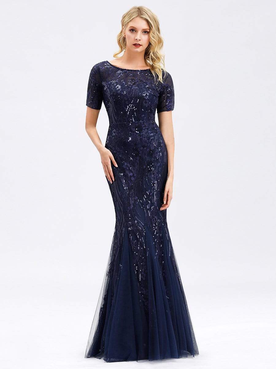 Color=Navy Blue | Delicate Embroidery Sequin Fishtail Evening Dress-Navy Blue 1