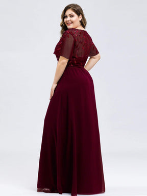 Color=Burgundy | Plus Size Floral Lace Sequin Print Evening Dresses With Cap Sleeve-Burgundy 2
