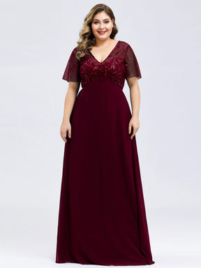 Color=Burgundy | Plus Size Floral Lace Sequin Print Evening Dresses With Cap Sleeve-Burgundy 4