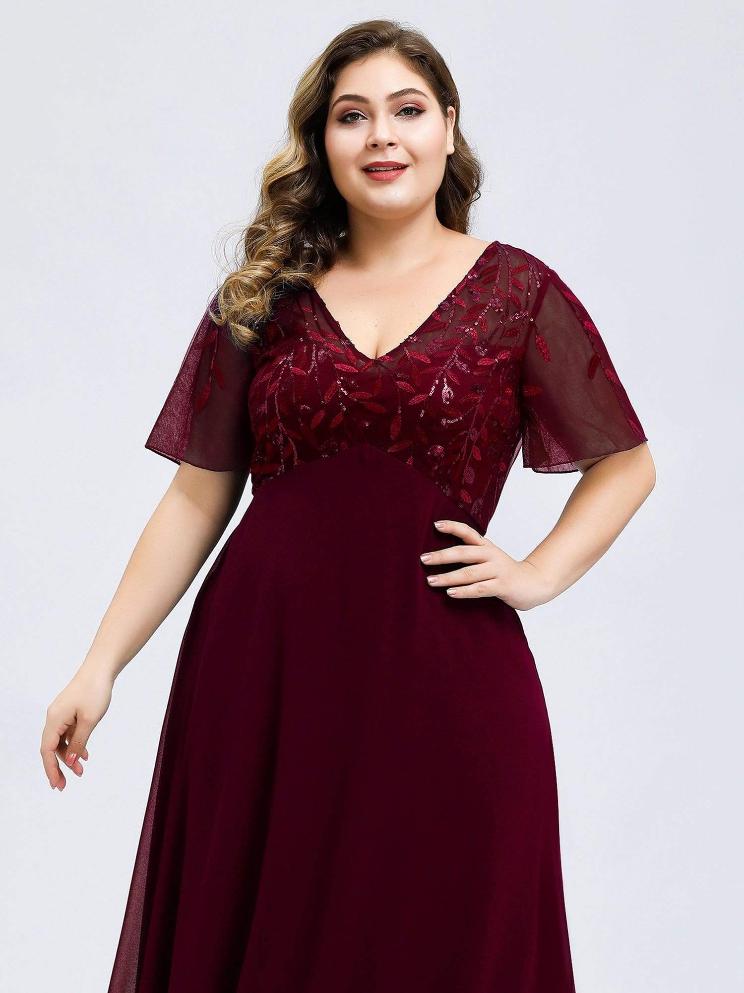 Color=Burgundy | Plus Size Floral Lace Sequin Print Evening Dresses With Cap Sleeve-Burgundy 5