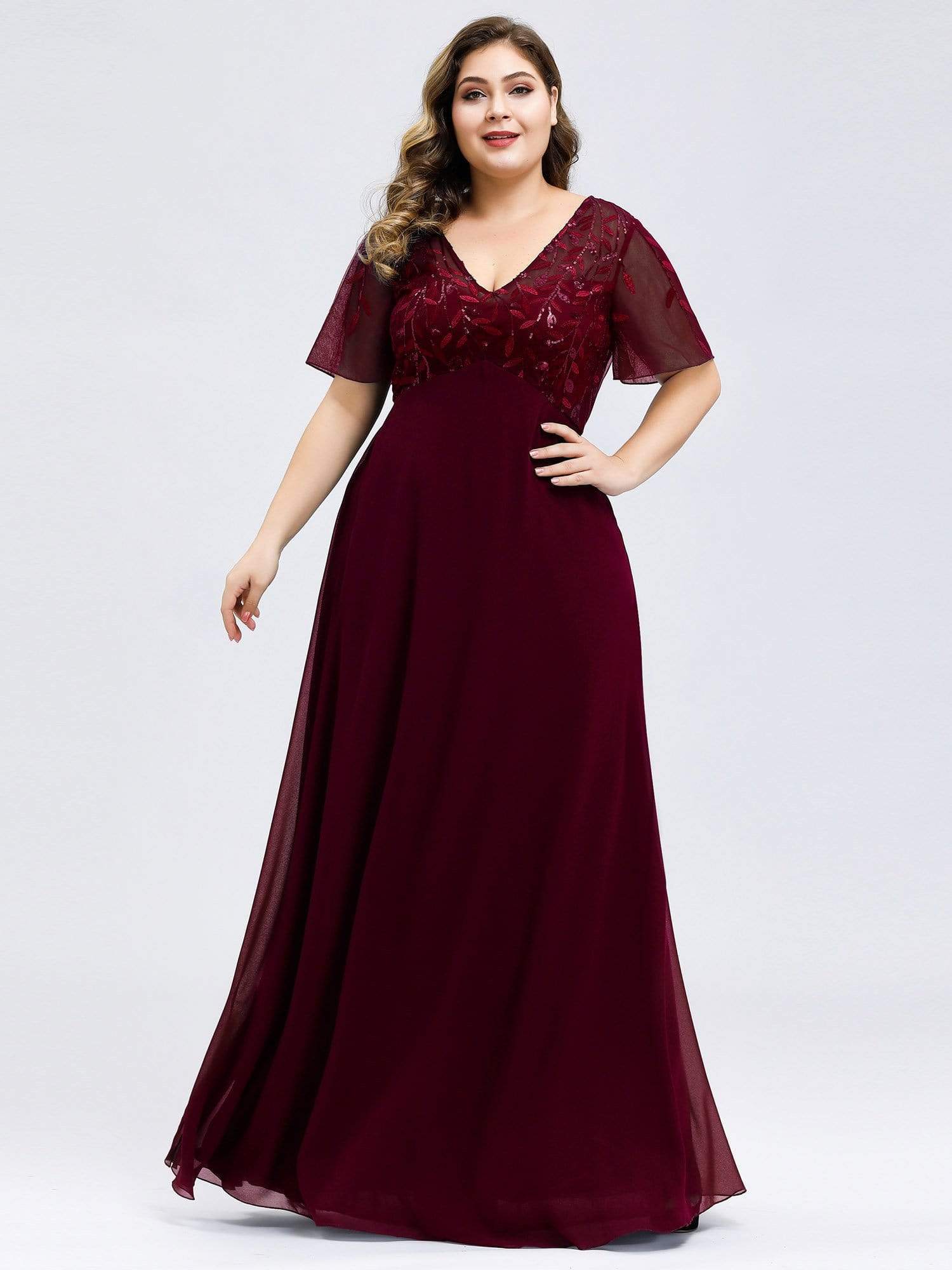Color=Burgundy | Plus Size Floral Lace Sequin Print Evening Dresses With Cap Sleeve-Burgundy 1