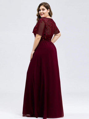 Color=Burgundy | Short Sleeve Paillette Evening Dress-Burgundy 6