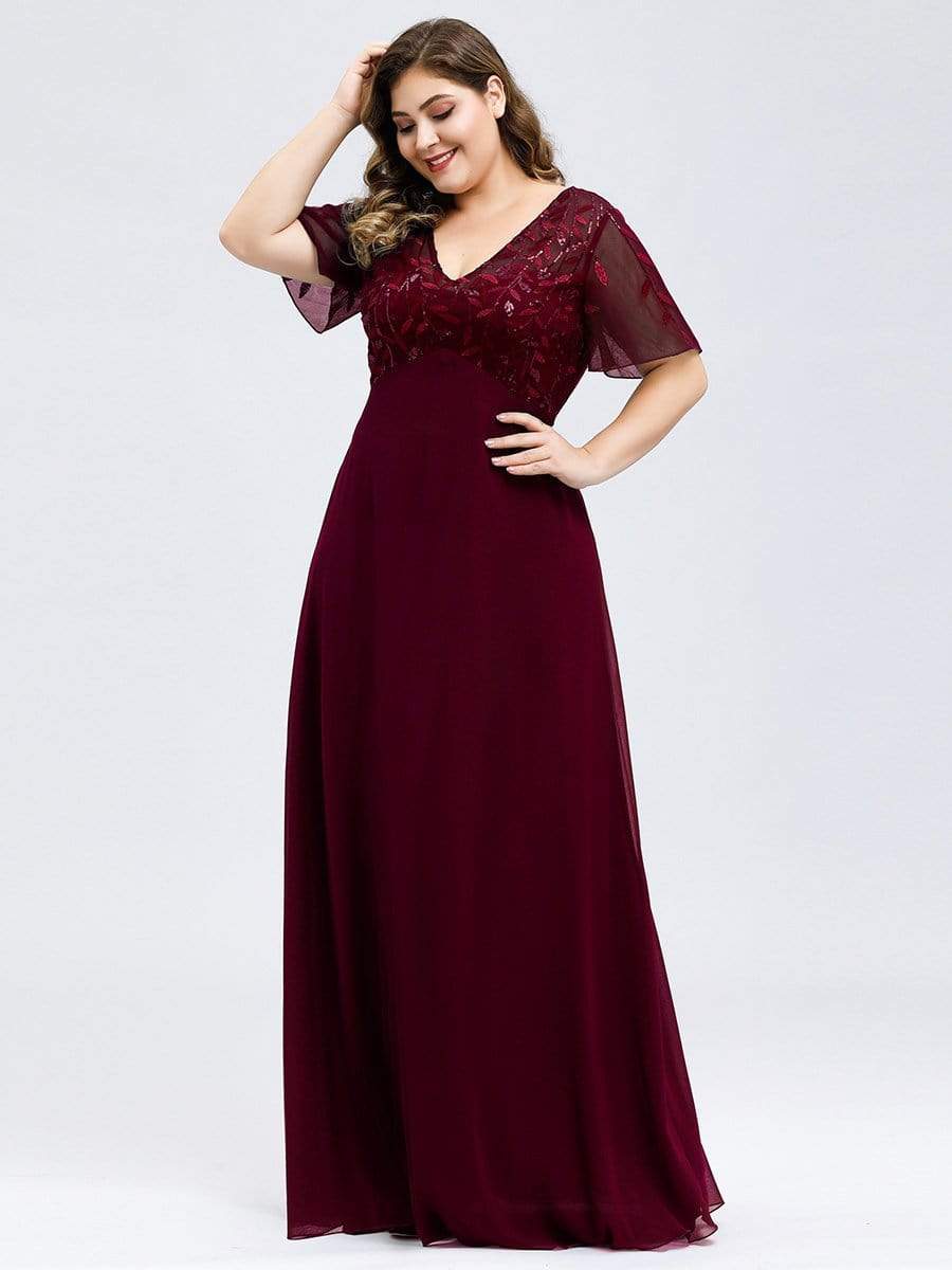 Color=Burgundy | Short Sleeve Paillette Evening Dress-Burgundy 7