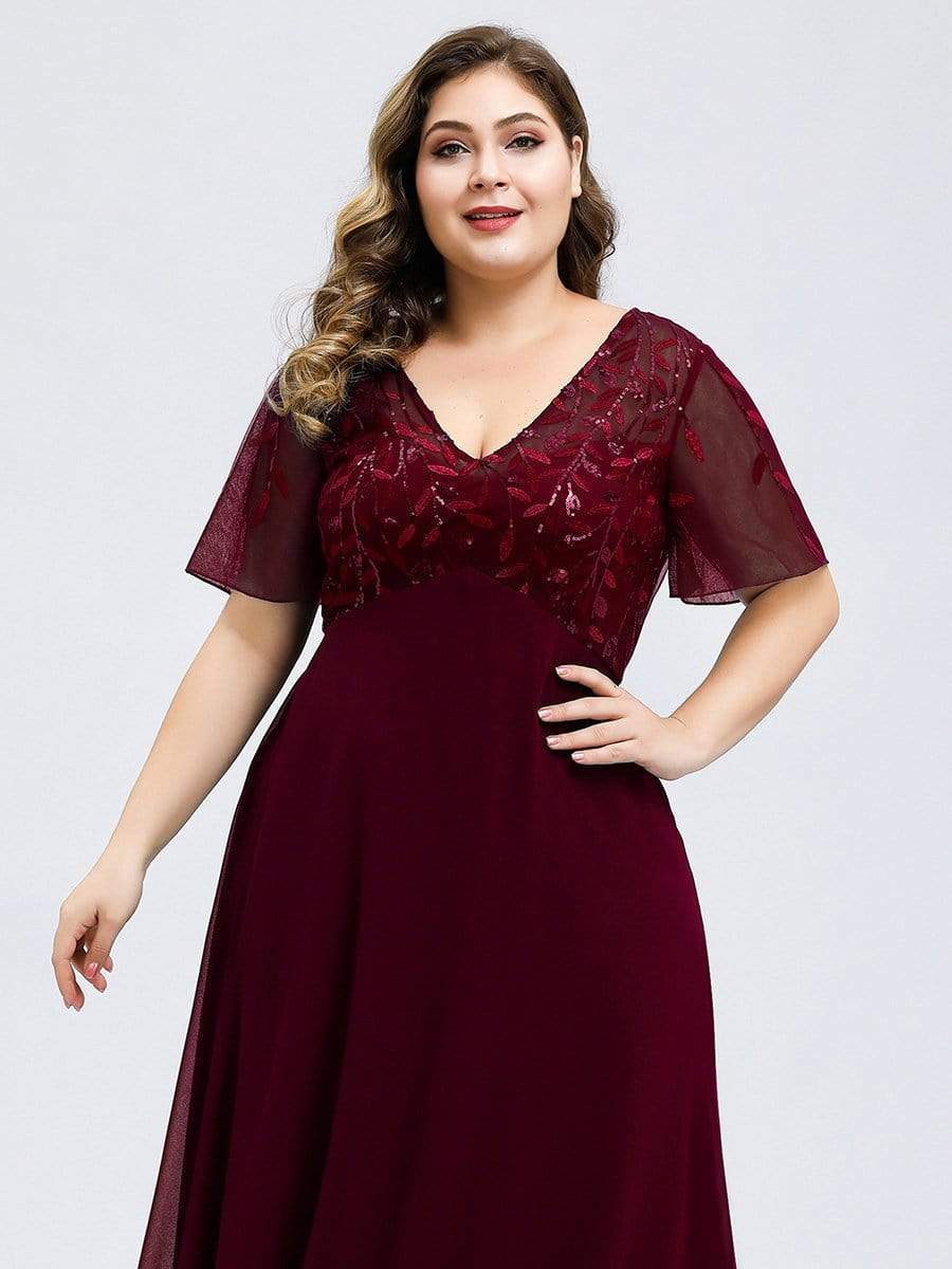 Color=Burgundy | Short Sleeve Paillette Evening Dress-Burgundy 9