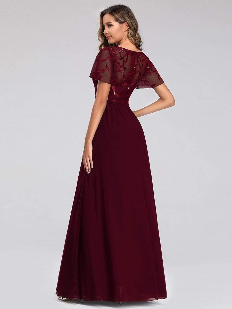 Color=Burgundy | Short Sleeve Paillette Evening Dress-Burgundy 2