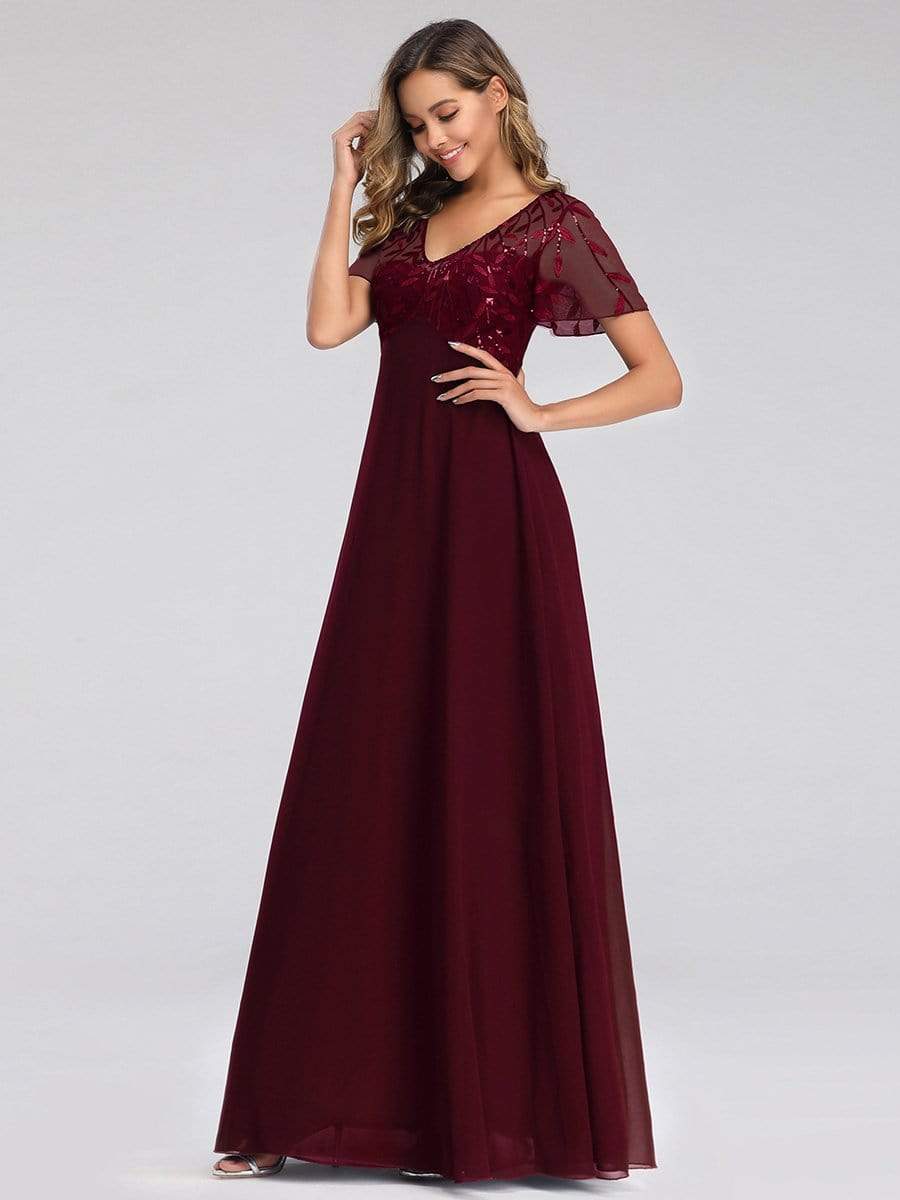 Color=Burgundy | Short Sleeve Paillette Evening Dress-Burgundy 4